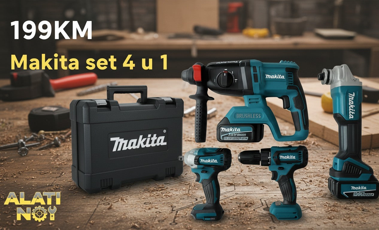 MAKITA 4-u-1 set – bušilica + čekić bušilica (SDS) + udarni odvijač + brusilica | 2x baterije 128V + punjač + kofer