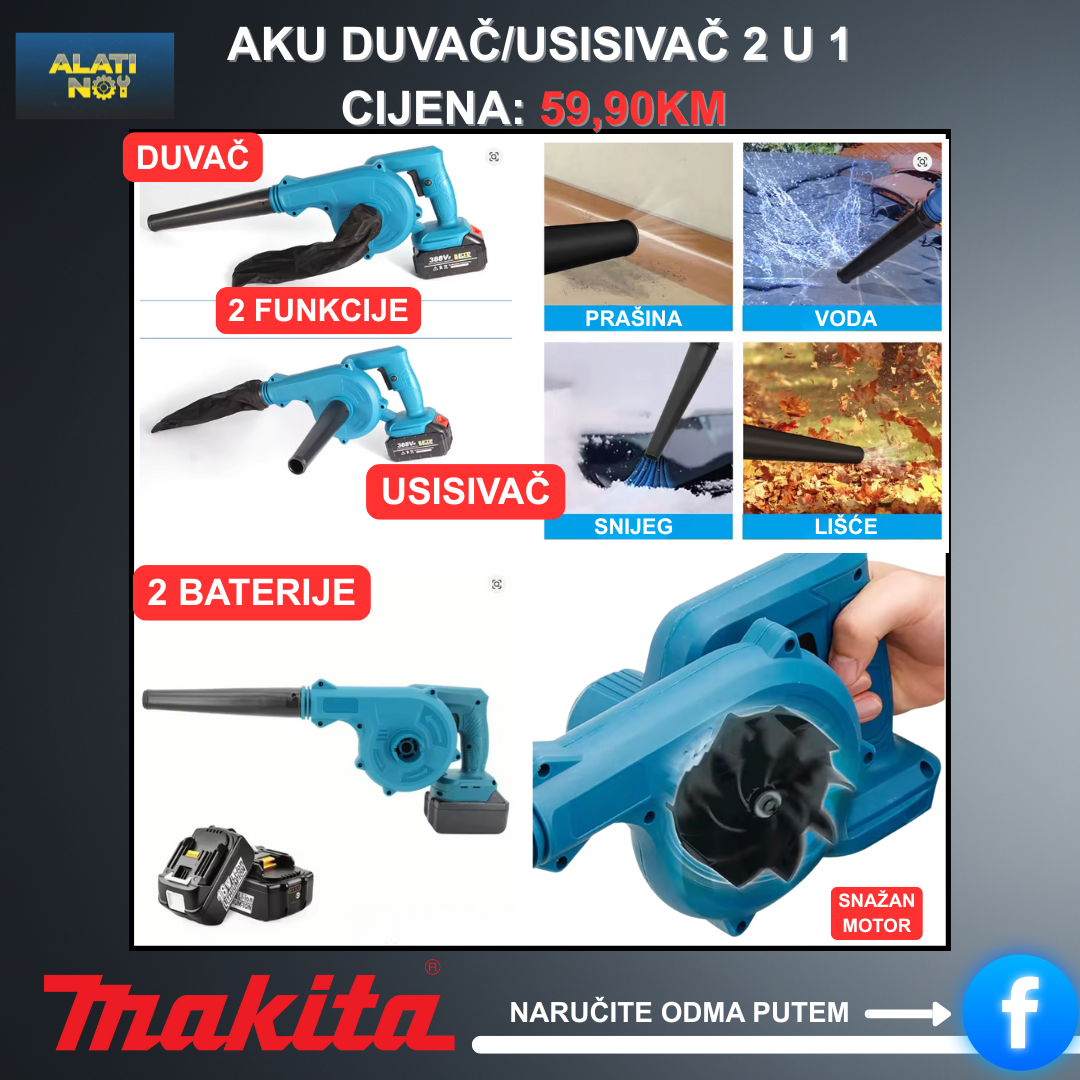 Aku duvač/usisavač 88V – 2 baterije + punjač + vrećica za prašinu (bežični)