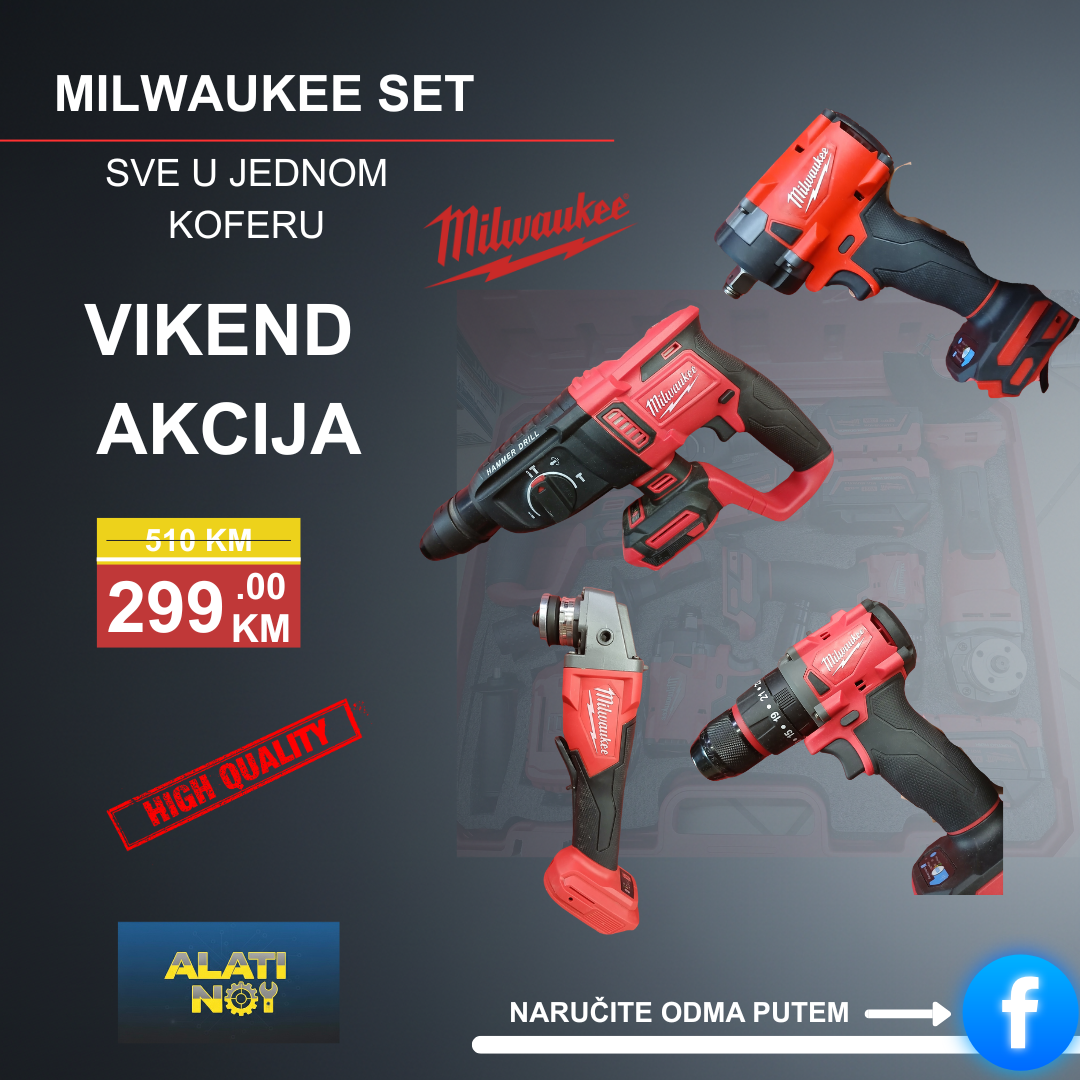 MILWAUKEE 4-u-1 aku set – bušilica, udarni odvijač, brusilica, štemalica (4x baterije, kofer)