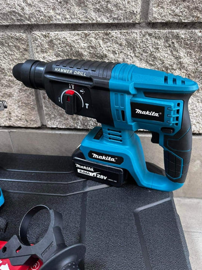 MAKITA 4-u-1 set – bušilica + čekić bušilica (SDS) + udarni odvijač + brusilica | 2x baterije 128V + punjač + kofer