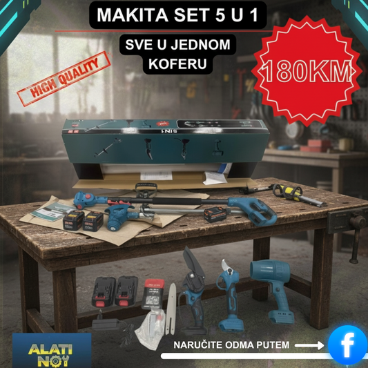 5u1 multifunkcionalni aku vrtni set – teleskopska pila, vrtne makaze, mini lančana pila, duvač + 2 baterije i punjač