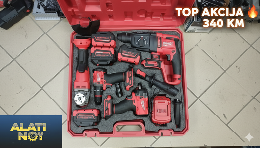 MILWAUKEE 4-u-1 aku set – bušilica, udarni odvijač, brusilica, štemalica (4x baterije, kofer)