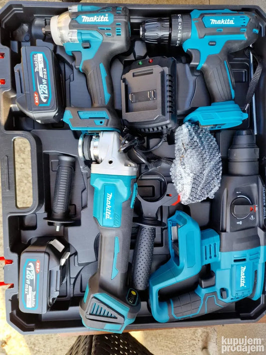 MAKITA 4-u-1 set – bušilica + čekić bušilica (SDS) + udarni odvijač + brusilica | 2x baterije 128V + punjač + kofer